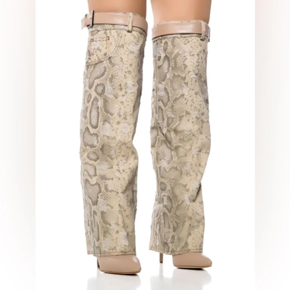 AZALEA WANG Tan Snakeskin Print Over The Knee Boots